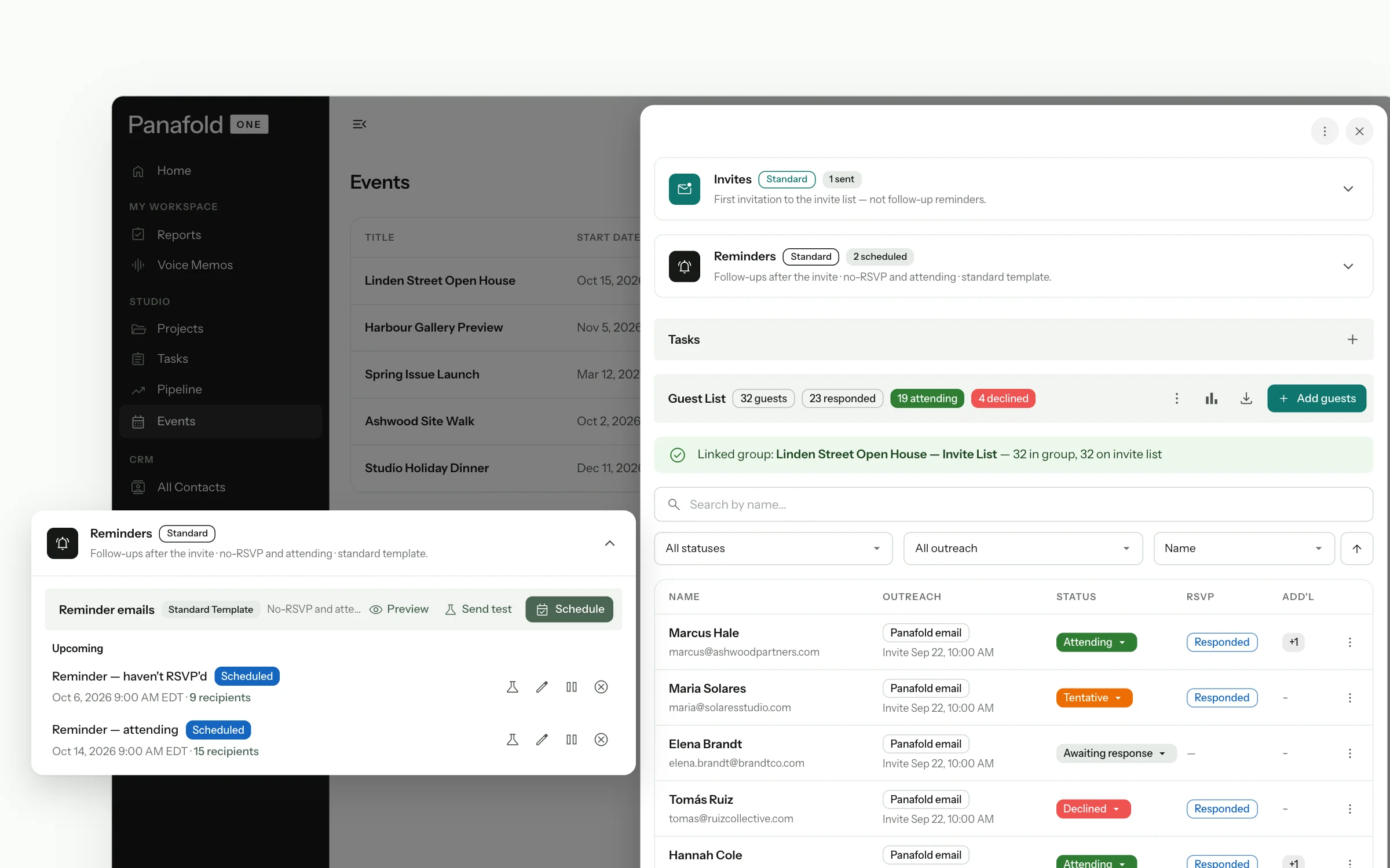 An event in Panafold One: the guest list with RSVP statuses, and the two scheduled reminders, one for guests who haven't answered and one for those attending