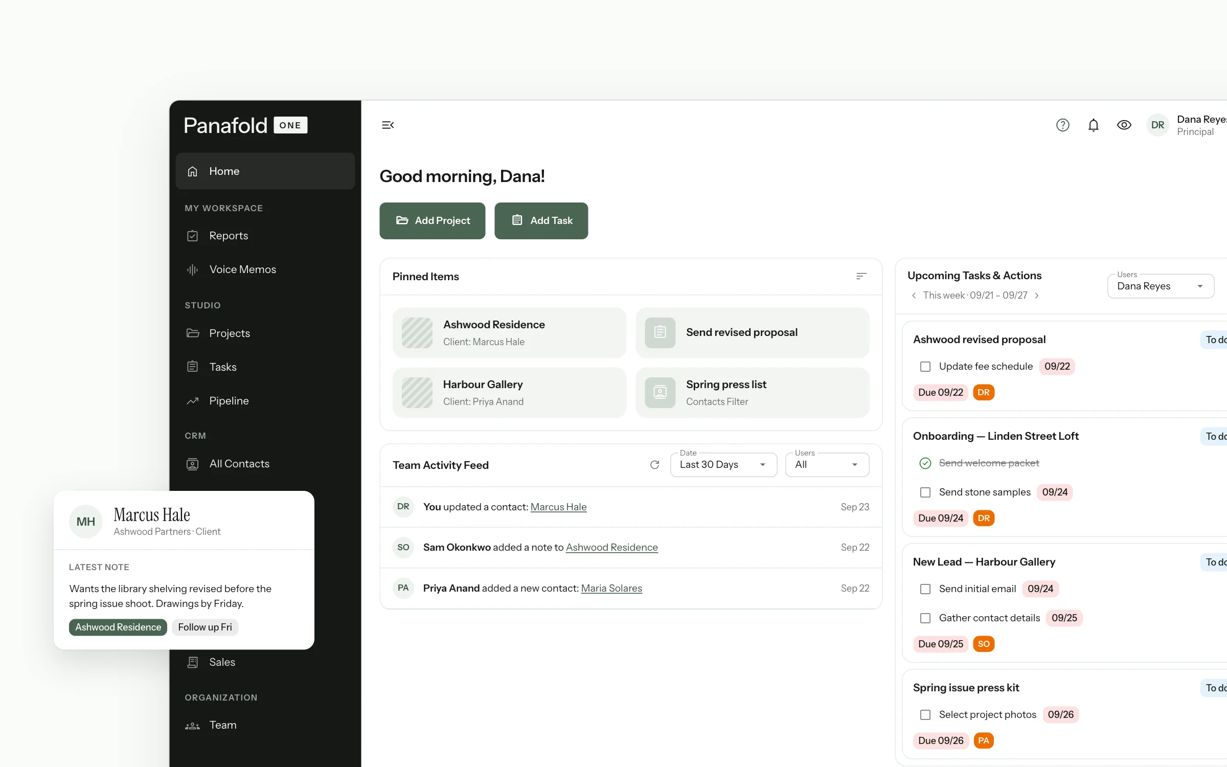 Panafold One home screen: pinned projects, the team activity feed and the week's tasks, with a client card showing the latest note