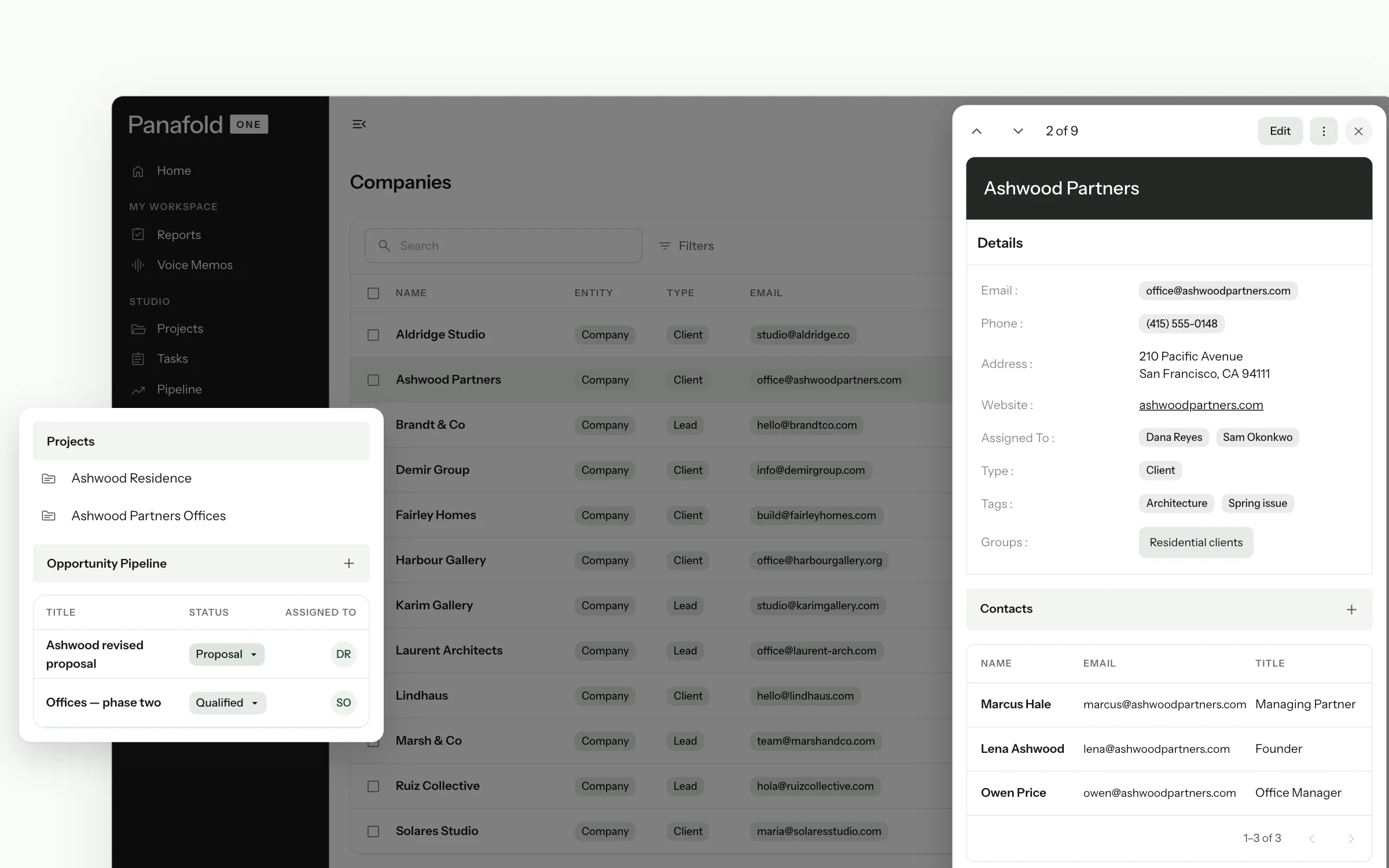 A company record in Panafold One: details, tags and groups, its contacts, and the projects and opportunities that hang from it